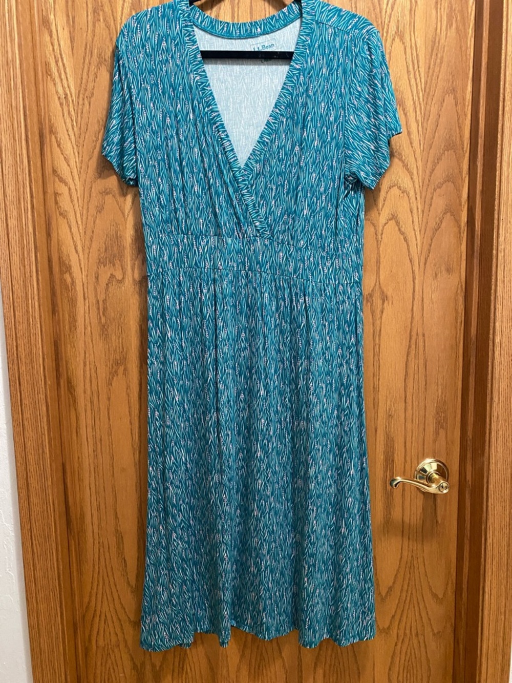L.L. Bean Teal Patterned V-Neck Midi Dress